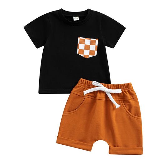 Checkered Pocket Black Shorts Set