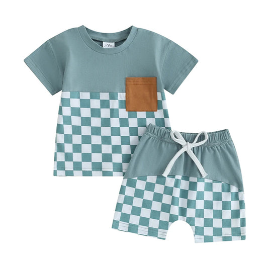 Checkered Shirt Pocket Shorts Set- Blue