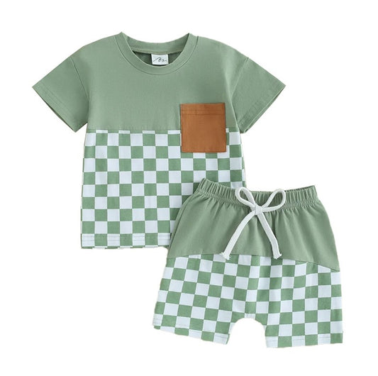 Checkered Shirt Pocket Shorts Set- Green