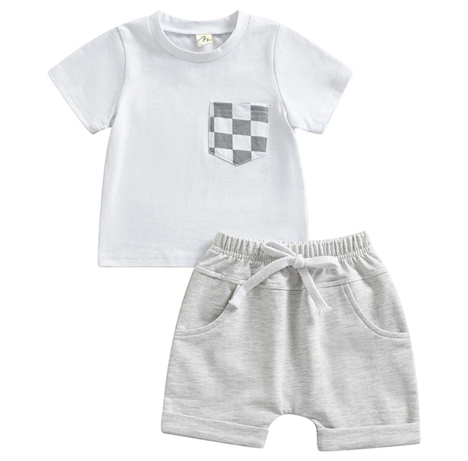 Checkered Pocket White Shorts Set