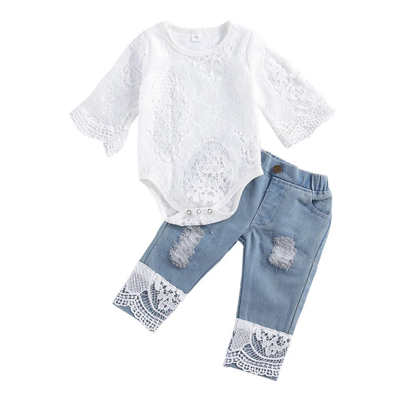 Lace Romper Jeans Set