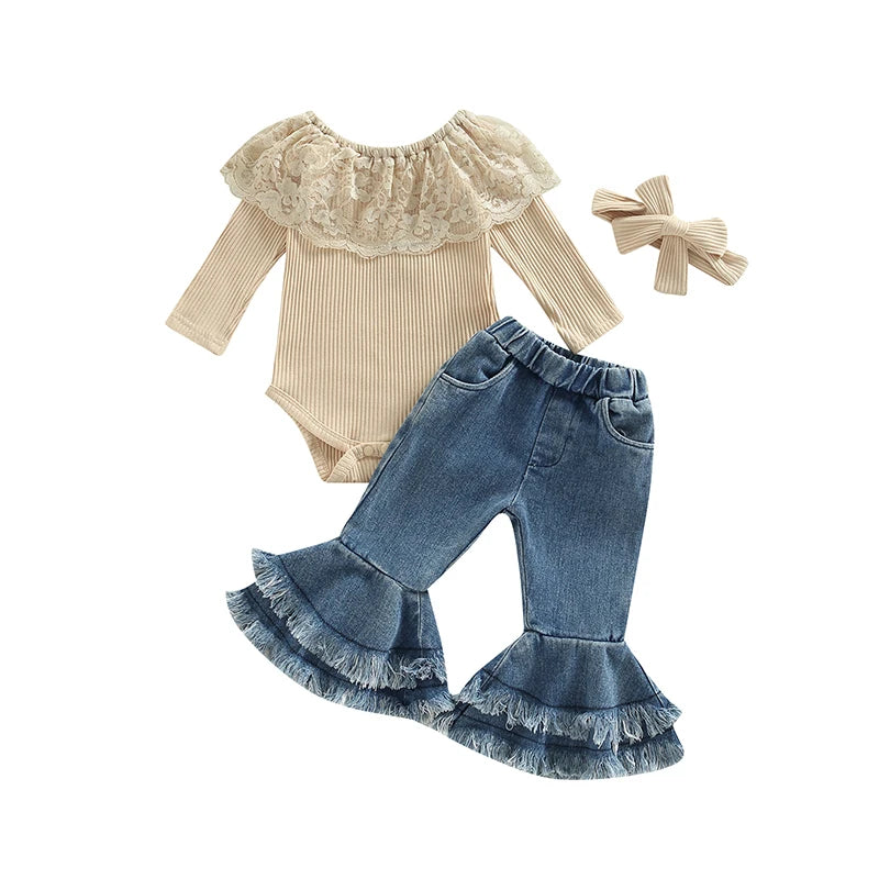 Lace Neck Romper Tops Denim Bell-Bottoms Set