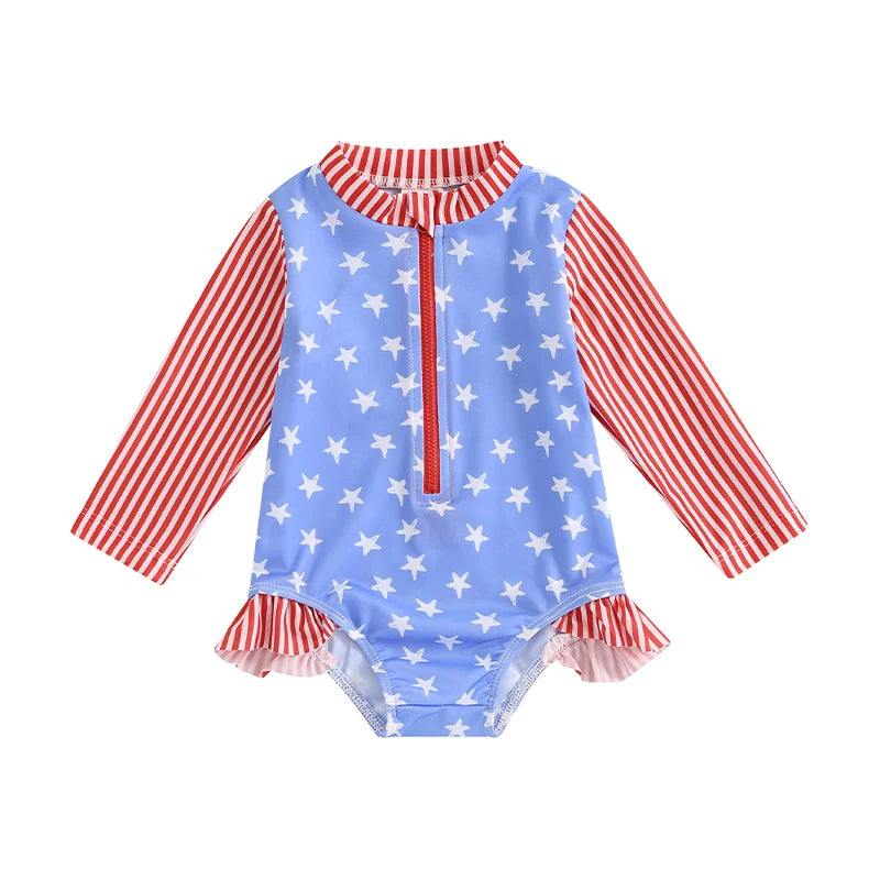 Long Sleeve Striped Star Zipper Bathing Suit