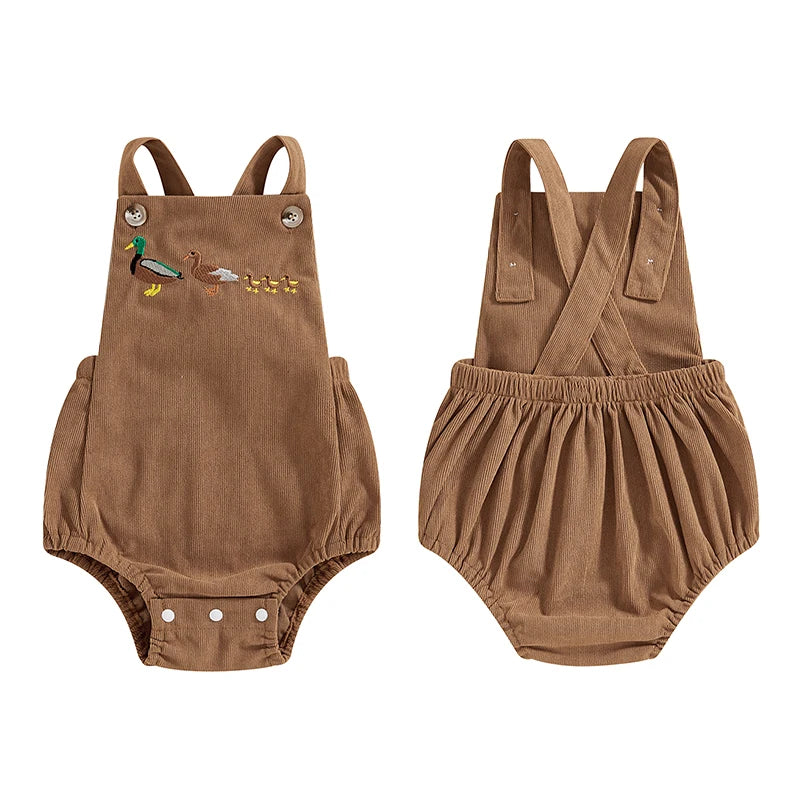 Embroidery Duck Family Corduroy Overalls Romper