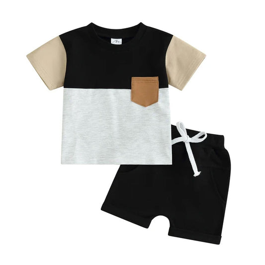 Shirt Pocket Shorts Set Black-Tan