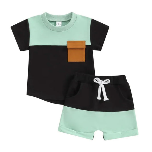 Shirt Pocket Shorts Set Teal- Black