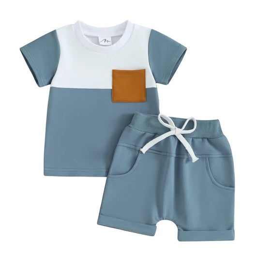 Shirt Pocket Shorts Set Blue- White