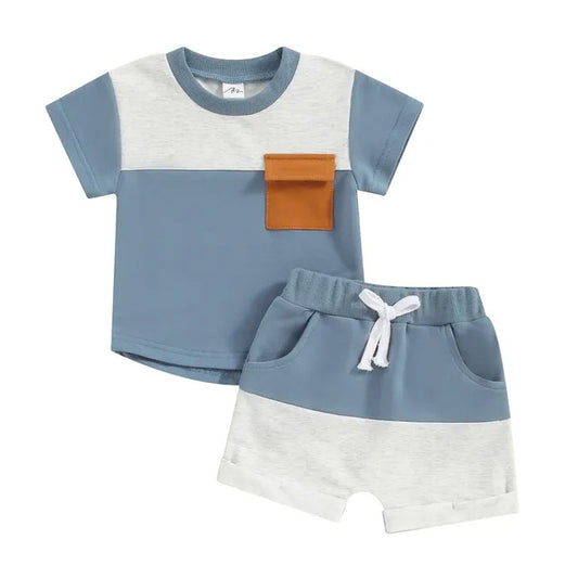 Shirt Pocket Shorts Set Gray- Blue