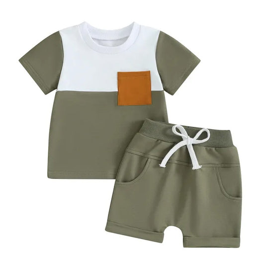 Shirt Pocket Shorts Set Green- White