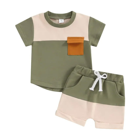 Shirt Pocket Shorts Set Green- Tan