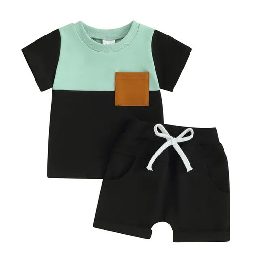 Shirt Pocket Shorts Set Black- Teal