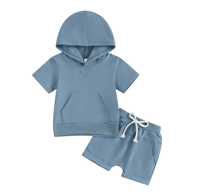 Short Sleeve Hoodie Shorts Set - Blue