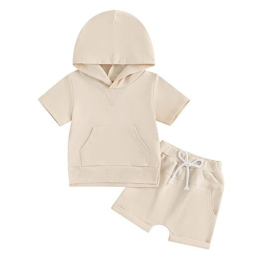 Short Sleeve Hoodie Shorts Set - Cream