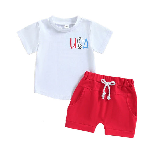 USA Red Shorts Set